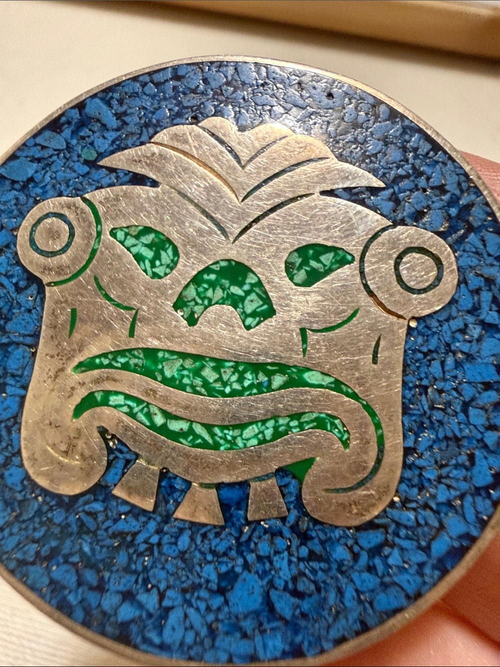 Vintage Sterling Silver 925 Mexico Tribal Face Round Inlay Brooch/Pendant - Picture 5 of 9